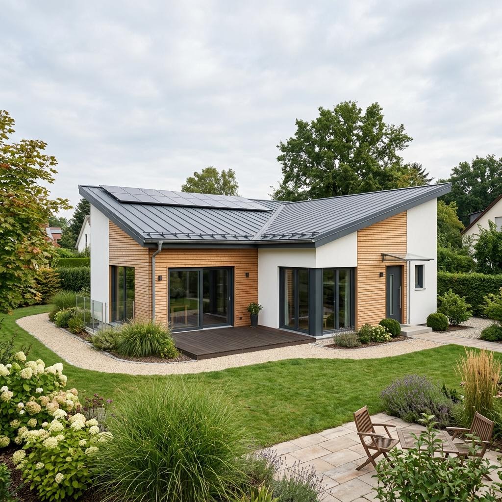 Pultdach-Bungalow Solaris Pult 118 des Herstellers FingerHaus mit barrierearmem Grundriss und Solardach