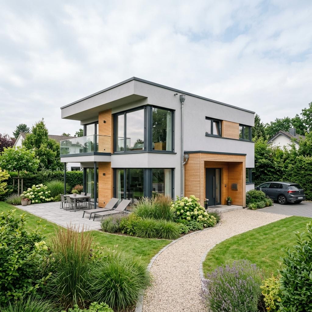 Flachdachhaus Vio Flat 152 des Herstellers FingerHaus mit Flachdach — Holzfertighaus mit 152 m² und überdachter Terrasse