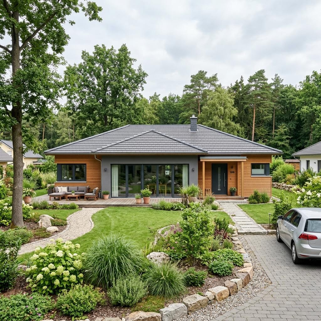Bungalow Waldkante 108 des Herstellers Fingerhut Haus mit Zeltdach — maßgeschneidert planbarer Holz-Bungalow mit 108 m²