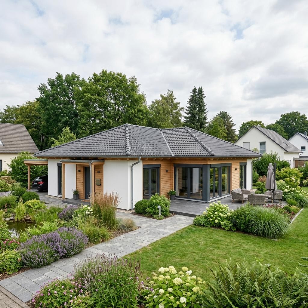 Winkelbungalow Waldwinkel 130 des Herstellers Fingerhut Haus mit Zeltdach — individueller Holz-Winkelbungalow mit 130 m²