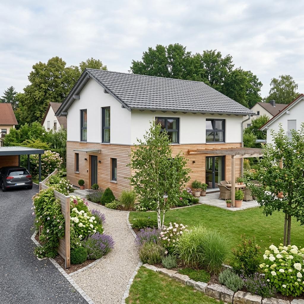 Einfamilienhaus Aktiv 141 des Herstellers FischerHaus als Fertighaus mit Satteldach und Studio