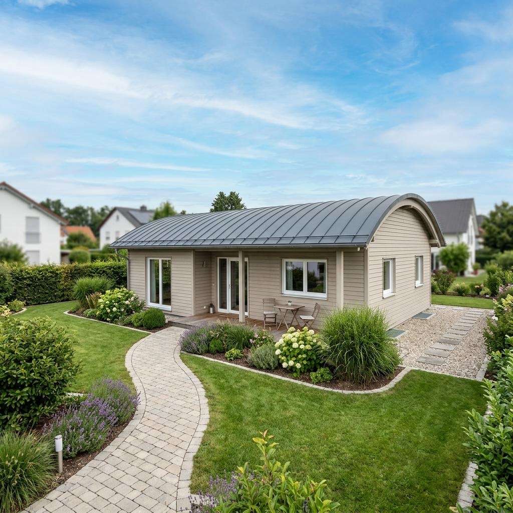 Anbau-Modul Anbau Modul 54 des Herstellers FischerHaus mit Tonnendach — Fertighaus-Wohnmodul mit 54 m²