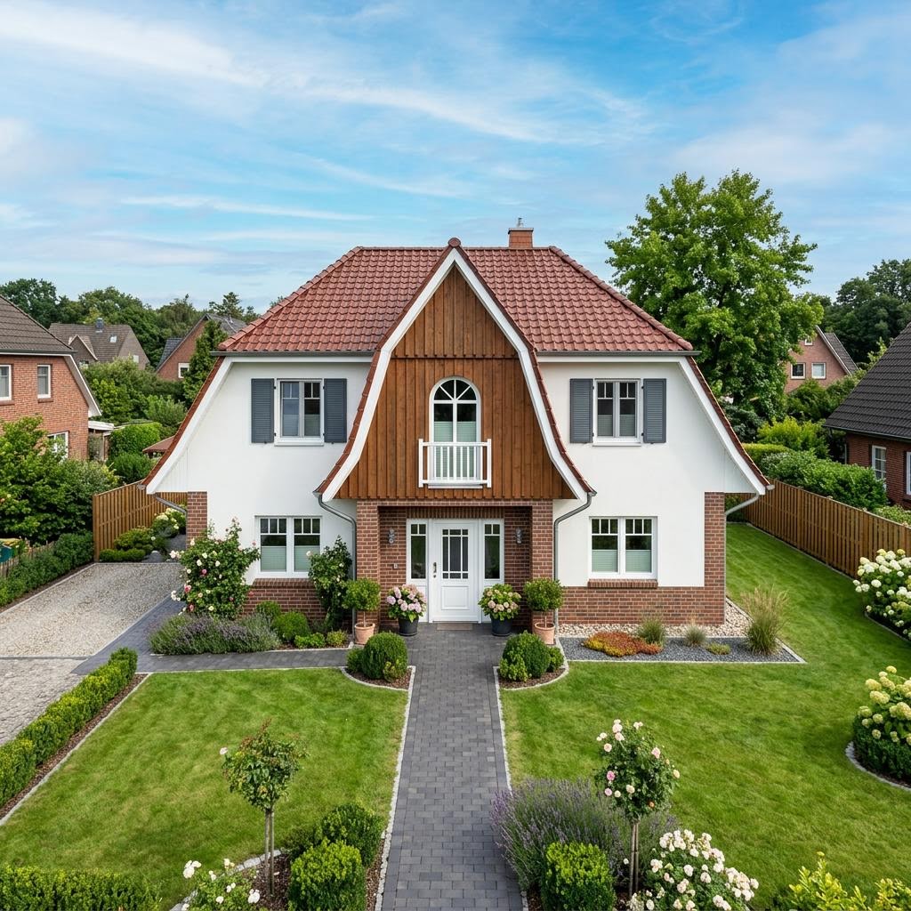 Kapitänshaus Friesland 130 des Herstellers FischerHaus mit Krüppelwalmdach und Kapitänsgiebel — 130 m²