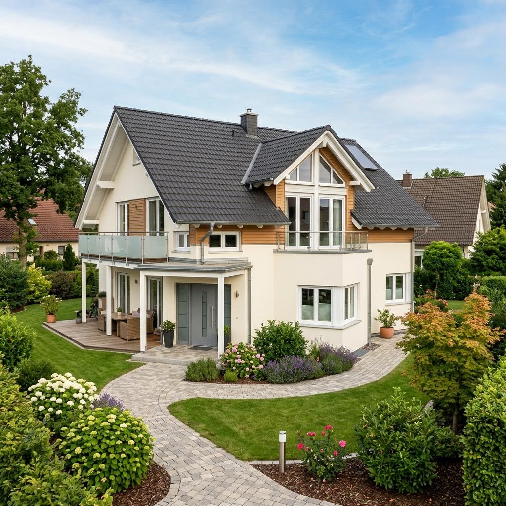 Kapitänshaus Nordsee 158 des Herstellers FischerHaus mit Satteldach und Zwerchgiebel — 158 m²