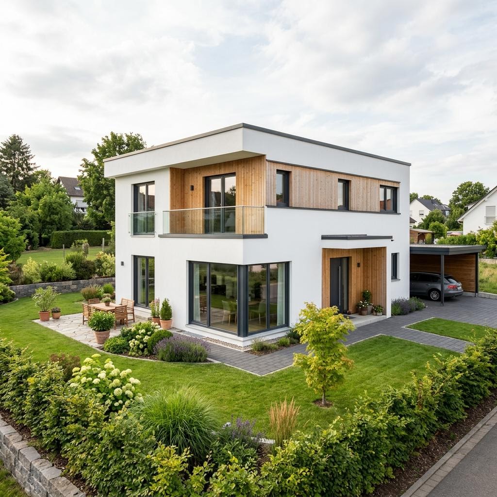 Einfamilienhaus Kubus 142 des Herstellers FischerHaus — in Holztafelbauweise, rund 142 m²
