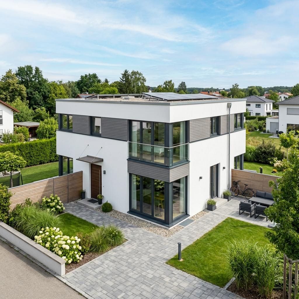 Kubushaus Quadro 138 des Herstellers FischerHaus mit Flachdach — kubisches Fertighaus im Bauhausstil mit 138 m²