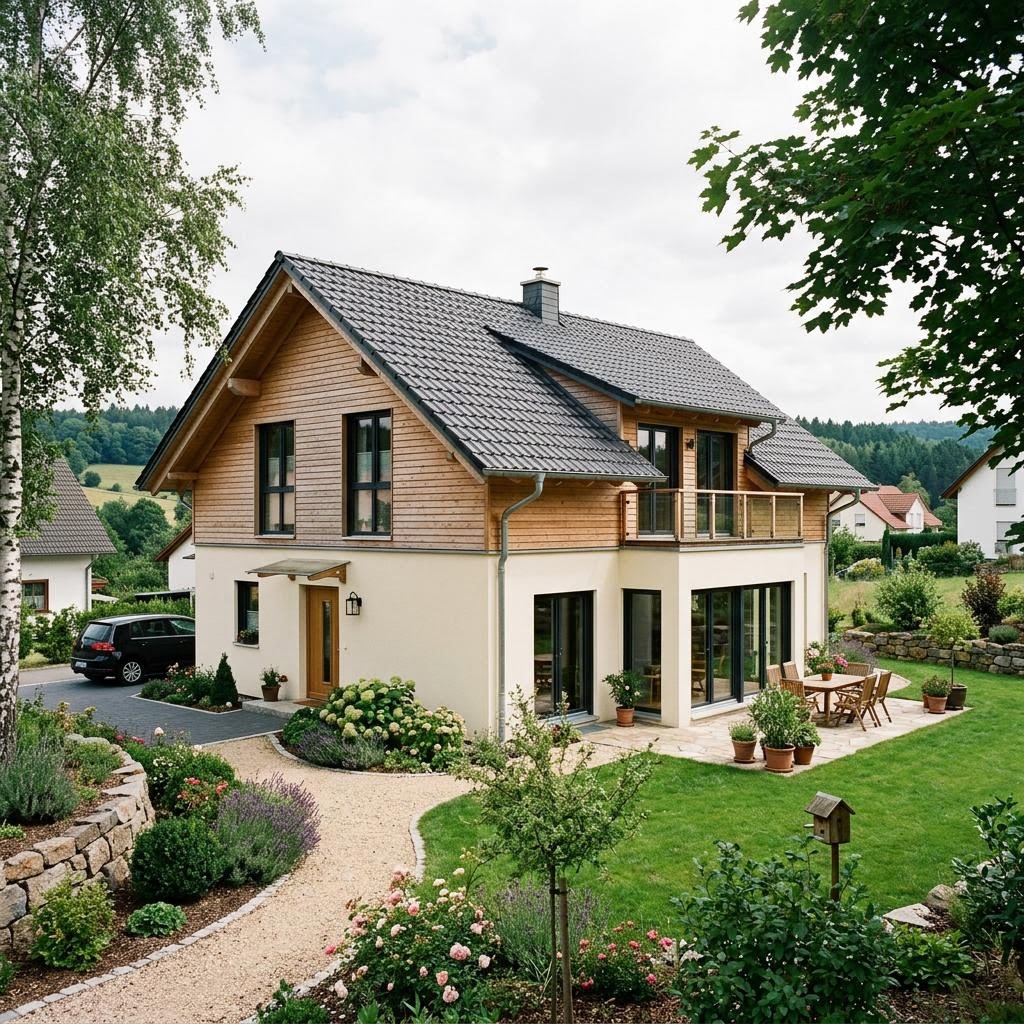 Landhaus Almwiese 144 des Herstellers FischerHaus mit Holzfassade und Satteldach im Alpenstil