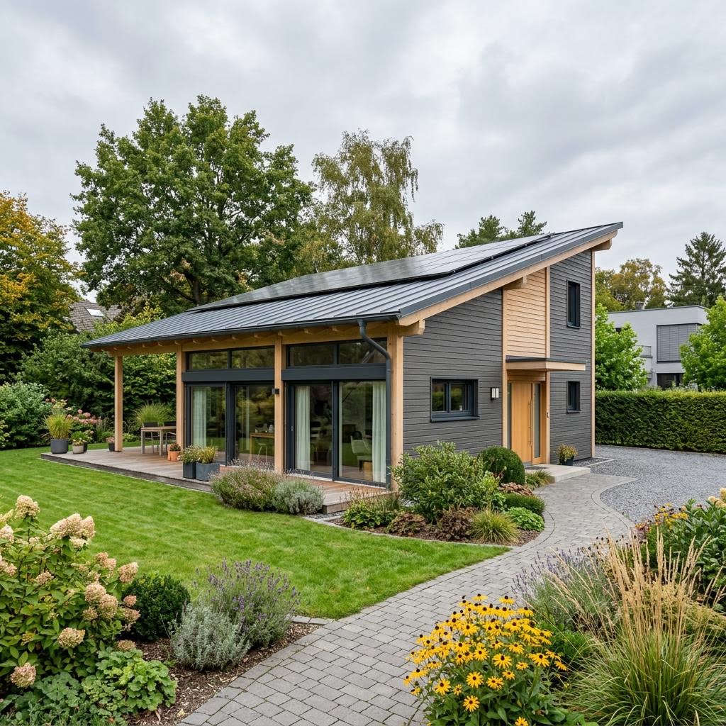 Pultdach-Bungalow Pult Bungalow 122 des Herstellers FischerHaus mit barrierearmem Grundriss und Solardach