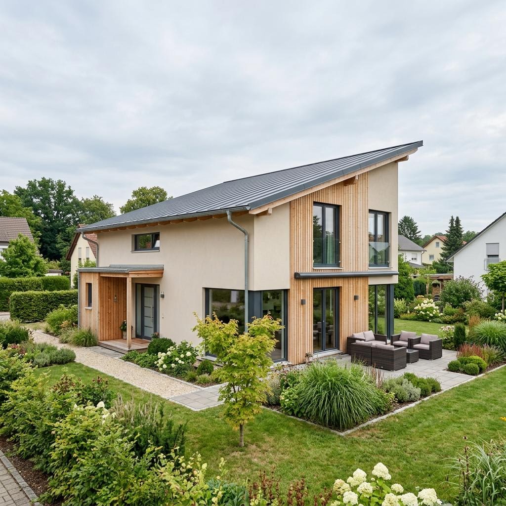 Pultdachhaus PultDesign 146 des Herstellers FischerHaus mit ruhiger Fassade und Solardach