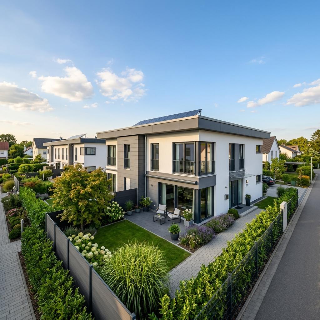 Reihenhaus Reihenendhaus Vitalis R148 des Herstellers FischerHaus mit Flachdach und 148 m² Wohnfläche