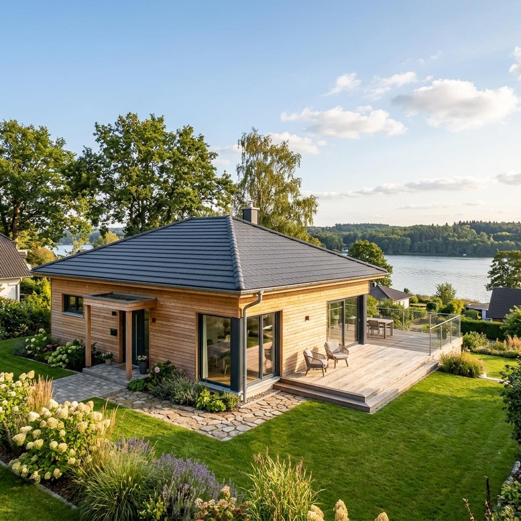 Chalet-Bungalow Chalet-Bungalow Seeblick des Herstellers Fjorborg Holzhäuser mit Walmdach und Holzfassade