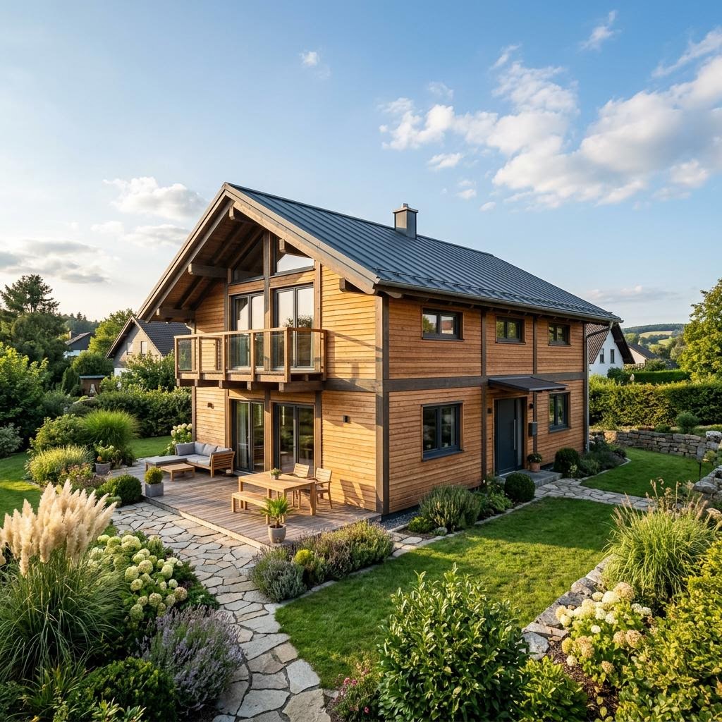 Chalet Chalet Vinterberg des Herstellers Fjorborg Holzhäuser mit Satteldach und Holzfassade