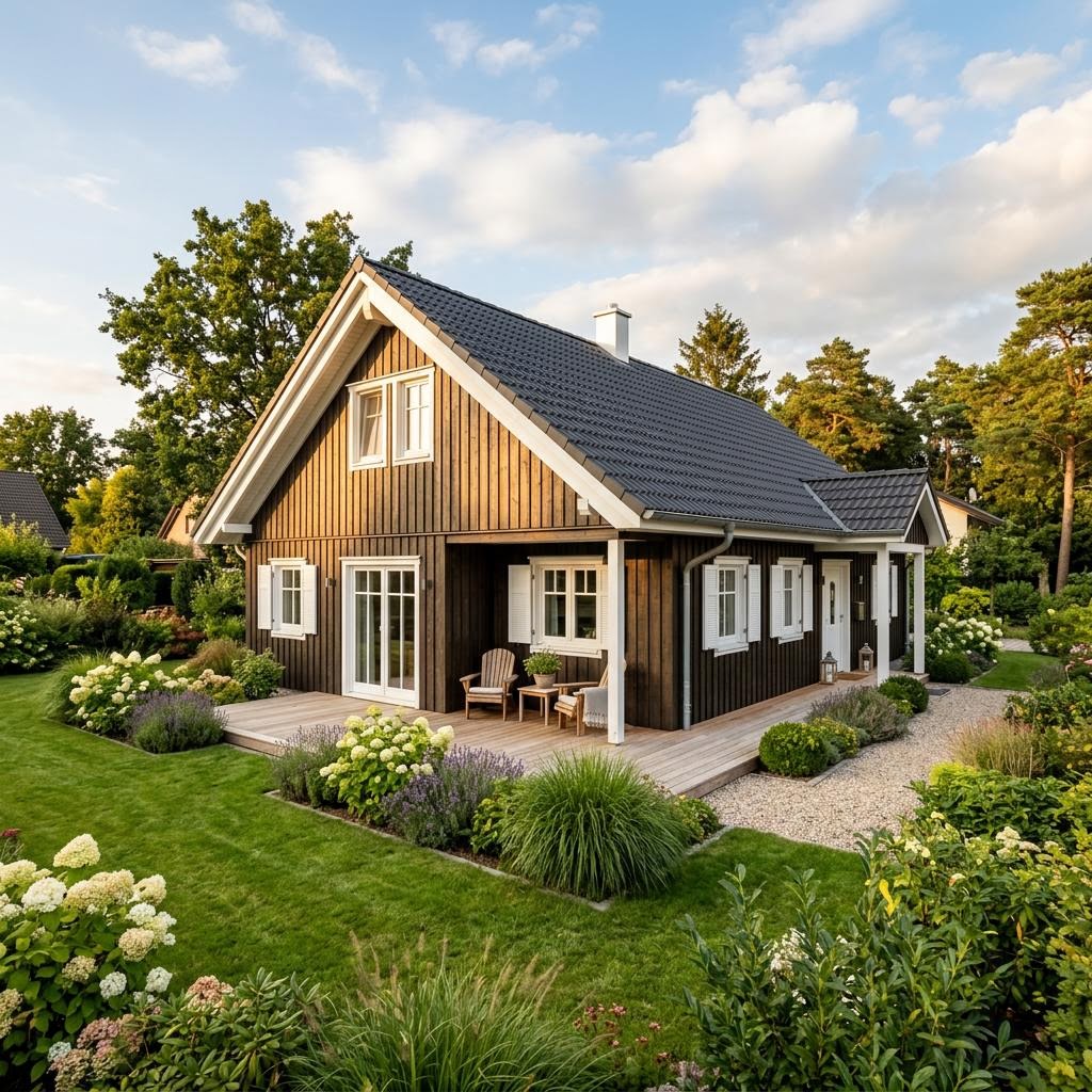 Nordisches Ferienhaus Skagen 72 des Herstellers Fjorborg Holzhäuser mit Satteldach