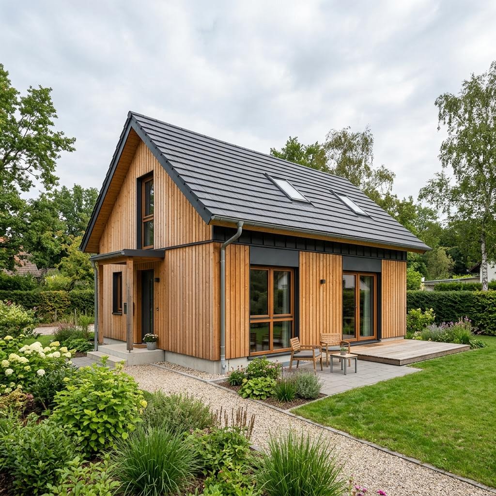 Ferienhaus Fjällvik 46 des Herstellers Fjorborg Holzhäuser mit heller Holzfassade und überdachter Veranda