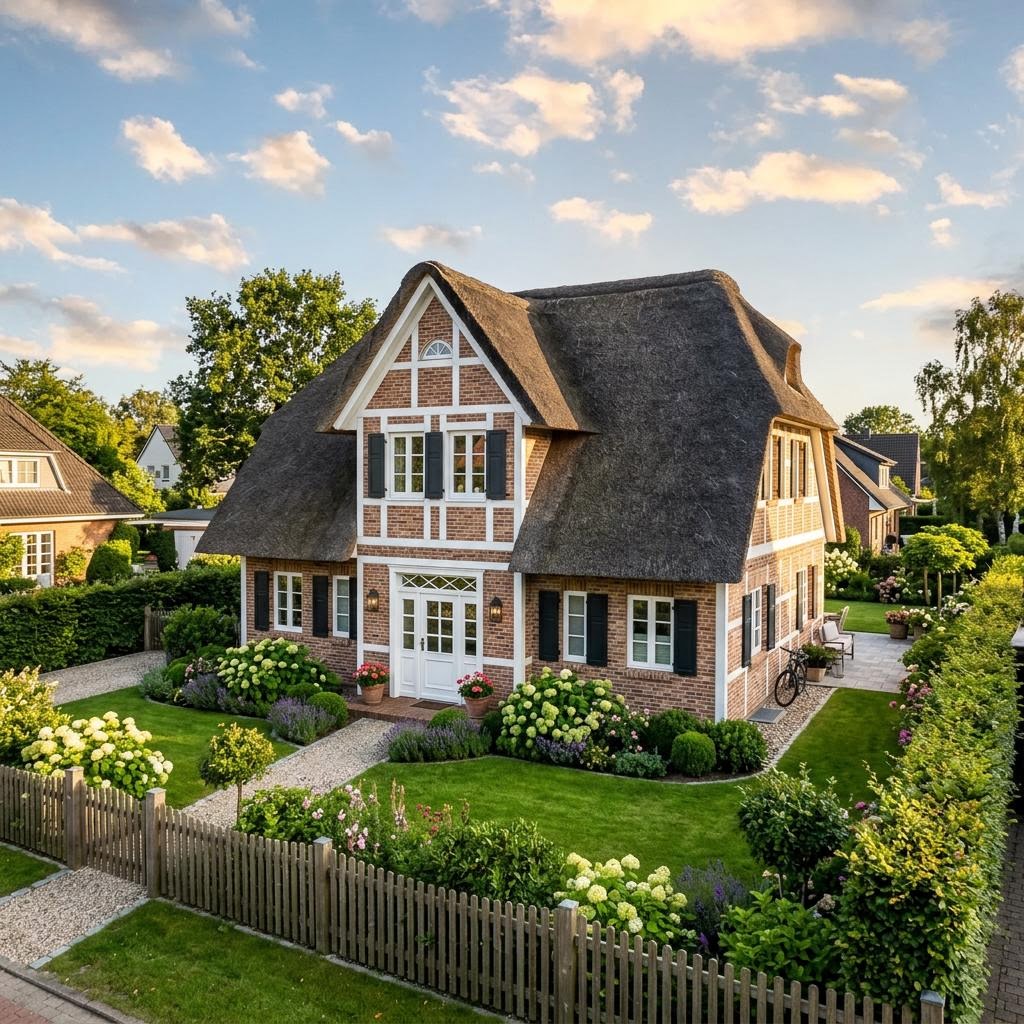 Friesenhaus Friesenholm des Herstellers Fjorborg Holzhäuser mit Reetdach-Optik und Backstein