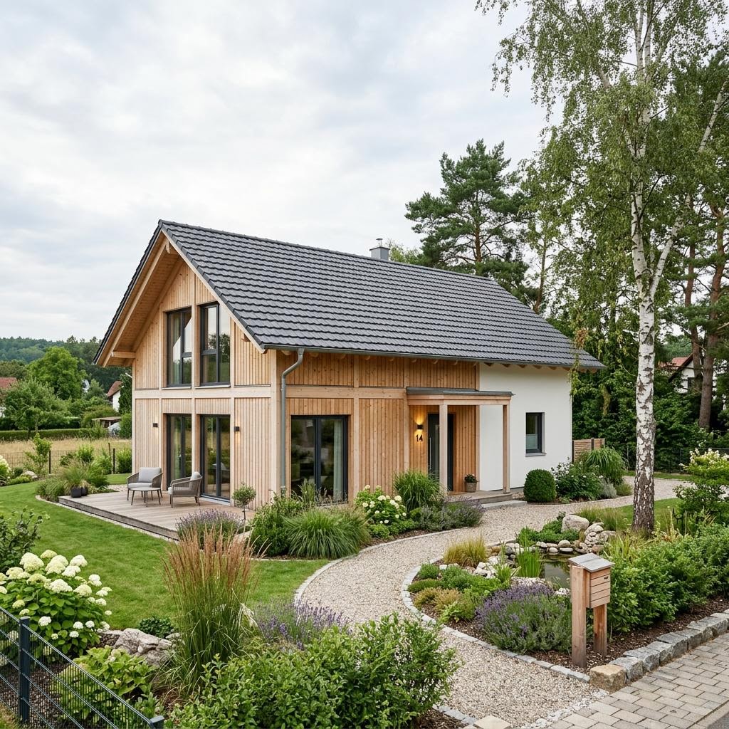 Ferienhaus Halland 92 des Herstellers Fjorborg Holzhäuser mit heller Holzfassade und Satteldach