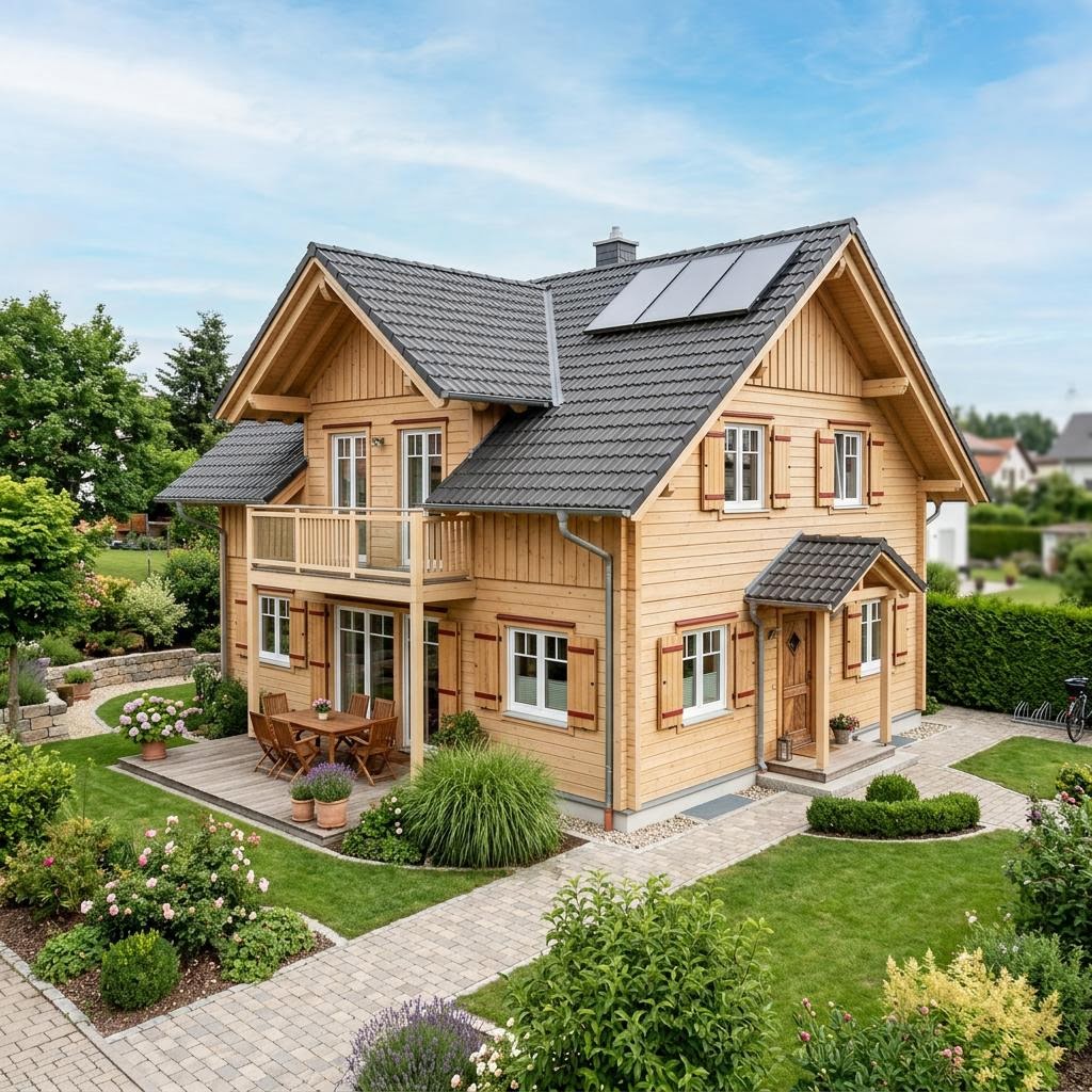 Holzhaus Bergen 132 des Herstellers Fjorborg Holzhäuser — skandinavisches Massivholzhaus mit Satteldach und 132 m²