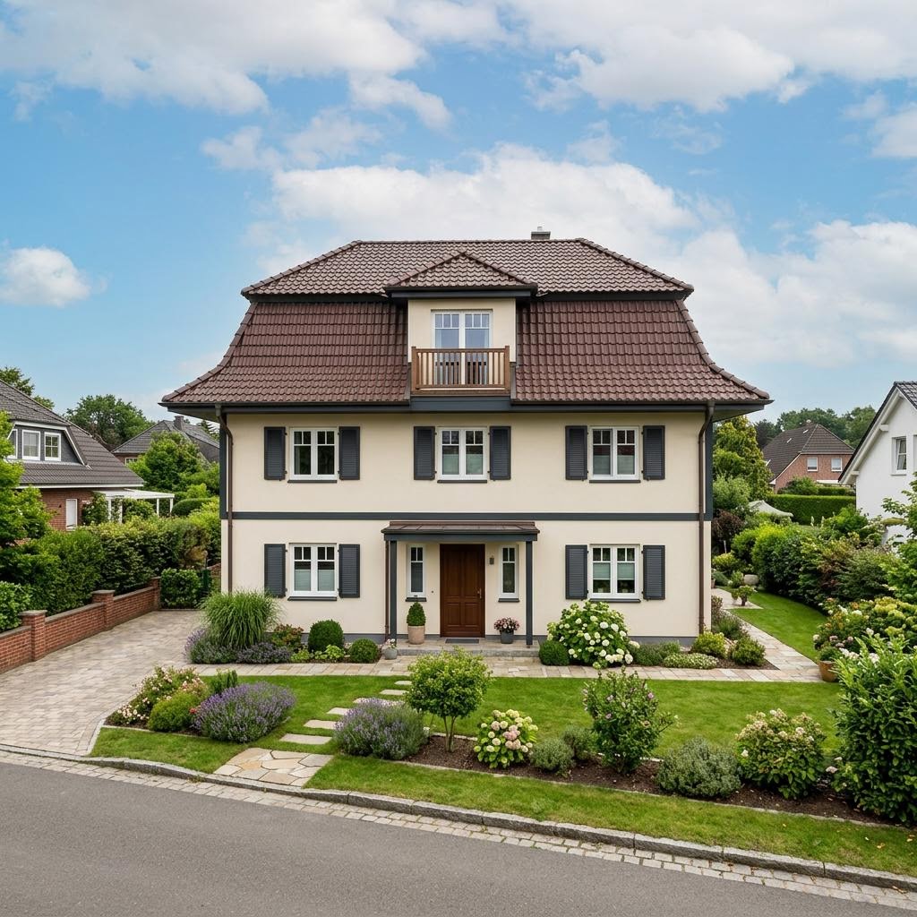 Kapitänshaus Jever 126 des Herstellers Fjorborg Holzhäuser mit Krüppelwalmdach und Holzverschalung — 126 m²