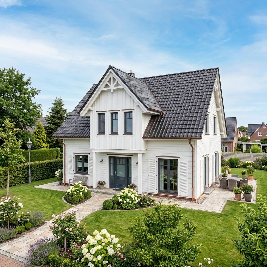 Kapitänshaus Wilhelmshaven 140 des Herstellers Fjorborg Holzhäuser mit Zwerchdach und Holzverschalung — 140 m²