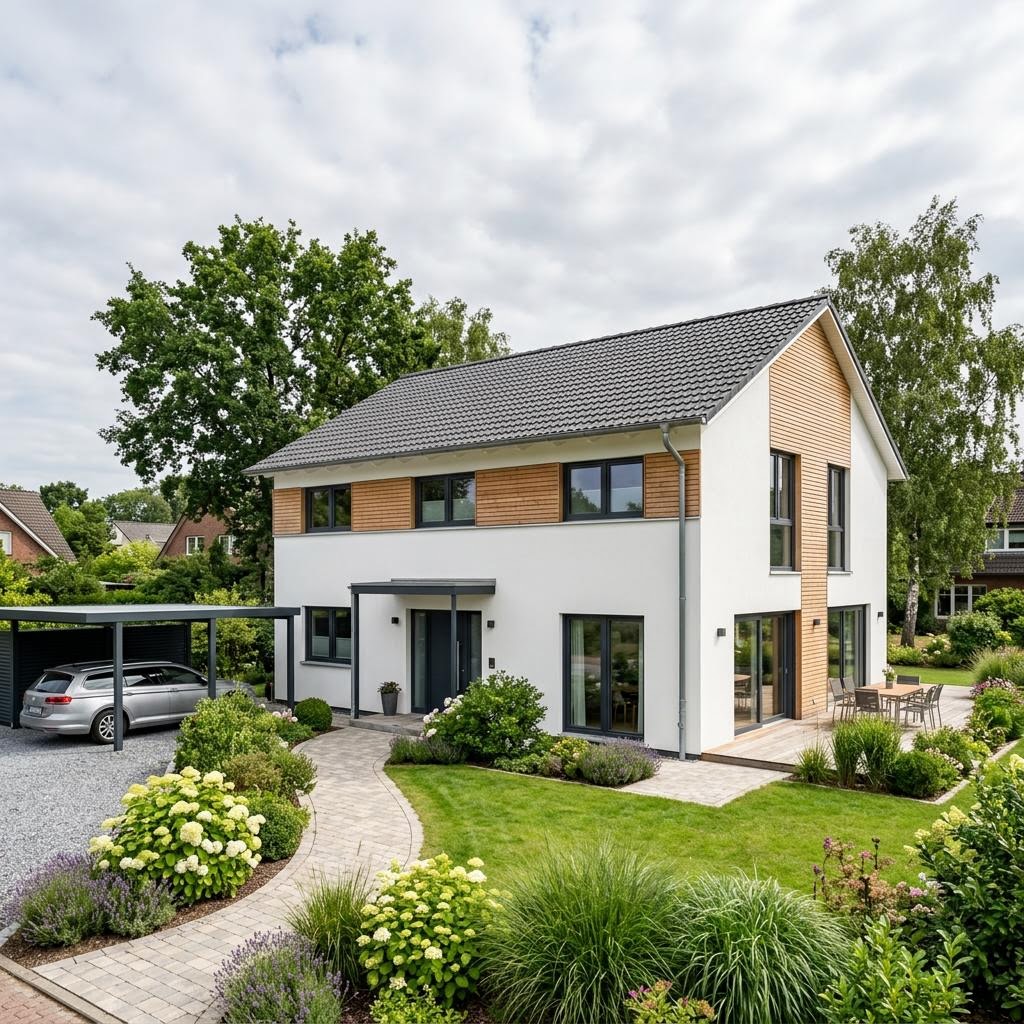 Kapitänshaus Kapitänskoje 168 des Herstellers Fjorborg Holzhäuser mit breitem Zwerchhaus und Satteldach