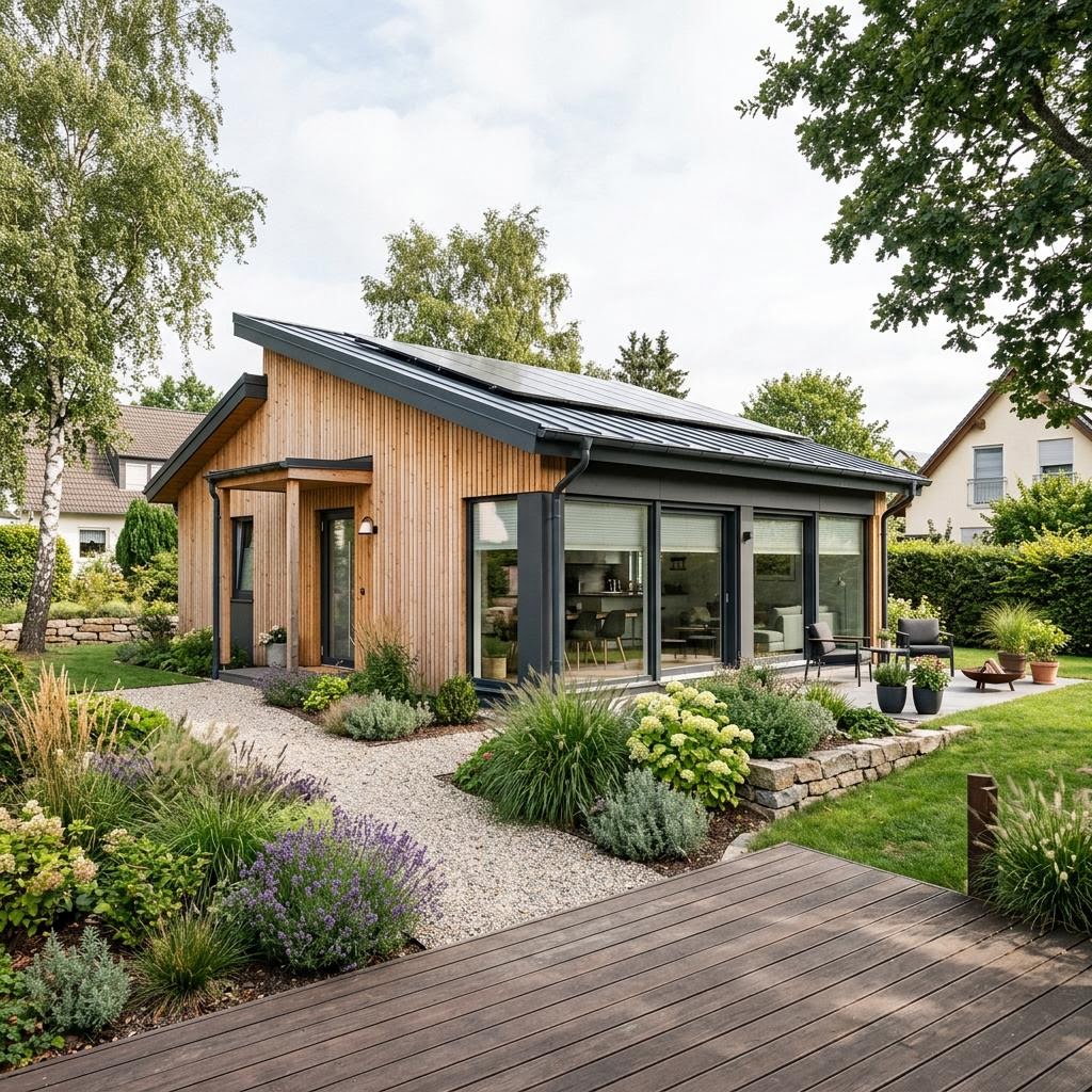 Ferienhaus Malmö 100 des Herstellers Fjorborg Holzhäuser als modernes skandinavisches Haus mit Pultdach