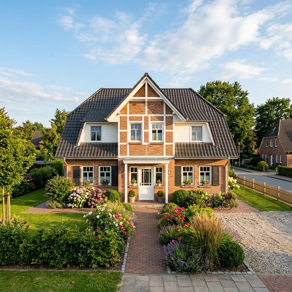 Friesenhaus Nordgiebel des Herstellers Fjorborg Holzhäuser mit rotem Klinker und Krüppelwalmdach
