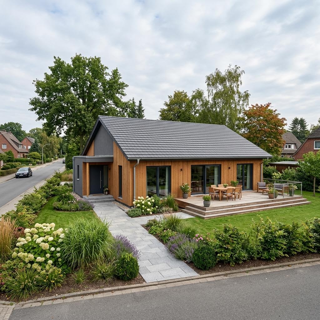 Ferienhaus Östersund 116 des Herstellers Fjorborg Holzhäuser als weitläufiger skandinavischer Bungalow mit Satteldach