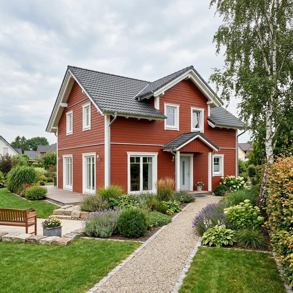 Schwedenhaus Halmstad 140 des Herstellers Fjorborg Holzhäuser mit Erker und heller Holzfassade