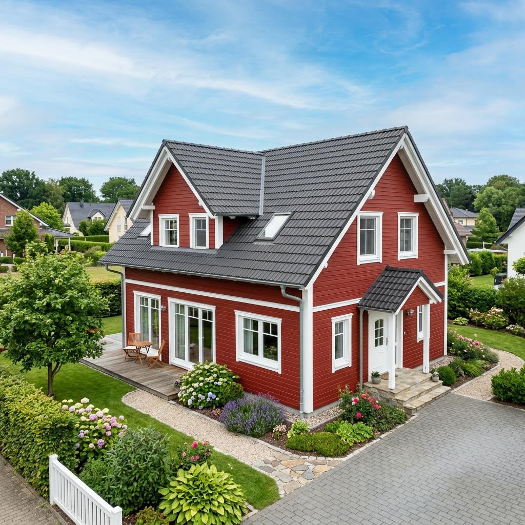 Schwedenhaus Kalmar 136 des Herstellers Fjorborg Holzhäuser — Holzhaus mit rotem Anstrich, Satteldach und 136 m²