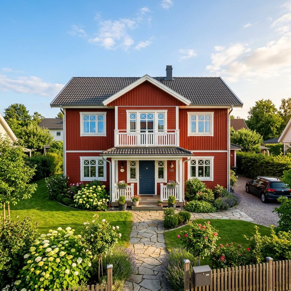 Rotes Schwedenhaus Norrköping 138 des Herstellers fjorborg mit weißen Sprossenfenstern und Veranda