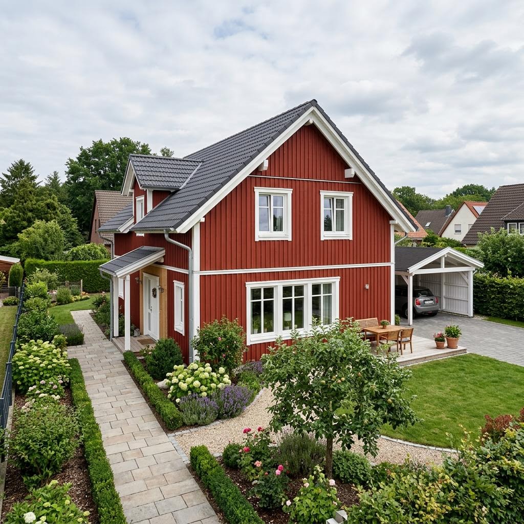 Schwedenhaus Visby 150 des Herstellers Fjorborg Holzhäuser mit umlaufender Veranda und heller Holzfassade