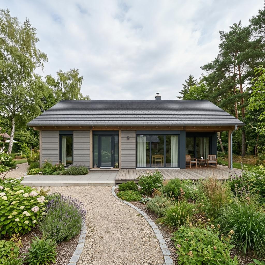 Ferienhaus Skoglund 78 des Herstellers Fjorborg Holzhäuser als rotes Schwedenhaus mit Satteldach