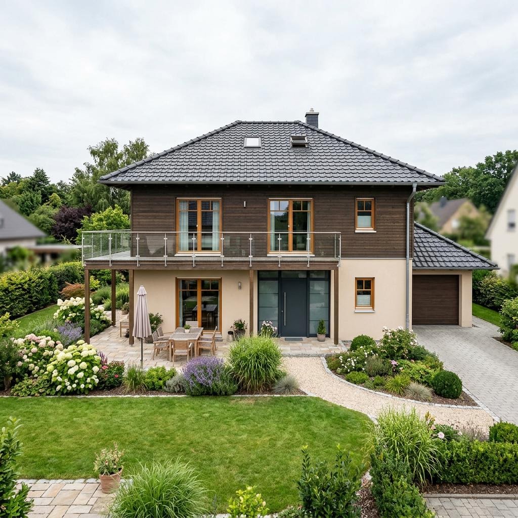 Platzsparendes Kapitänshaus Strandgut 124 des Herstellers Fjorborg Holzhäuser mit Zwerchgiebel und Krüppelwalmdach