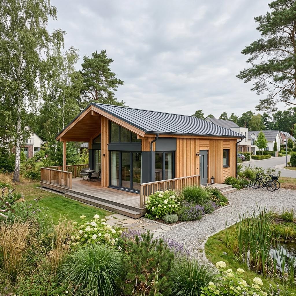 Ferienhaus Strandhus 62 des Herstellers Fjorborg Holzhäuser mit Pultdach und großer Fensterfront