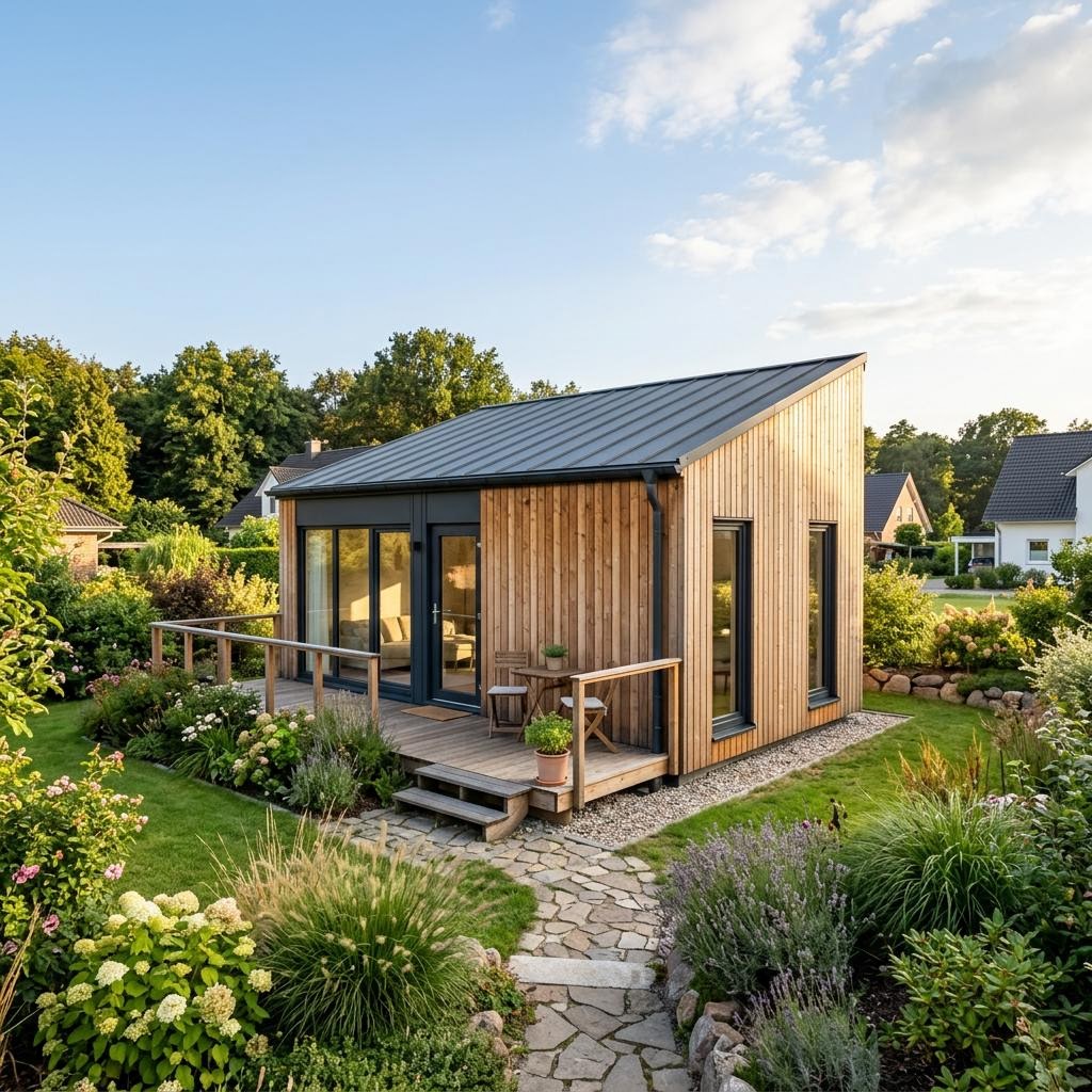Skandinavisches Tiny House Fjäll 36 des Herstellers fjorborg mit Pultdach und Holzfassade