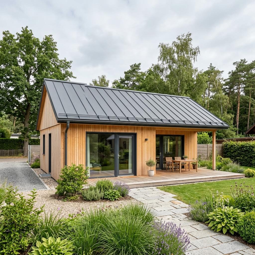 Ferienhaus Viken 54 des Herstellers Fjorborg Holzhäuser als ebenerdiger Bungalow mit Veranda