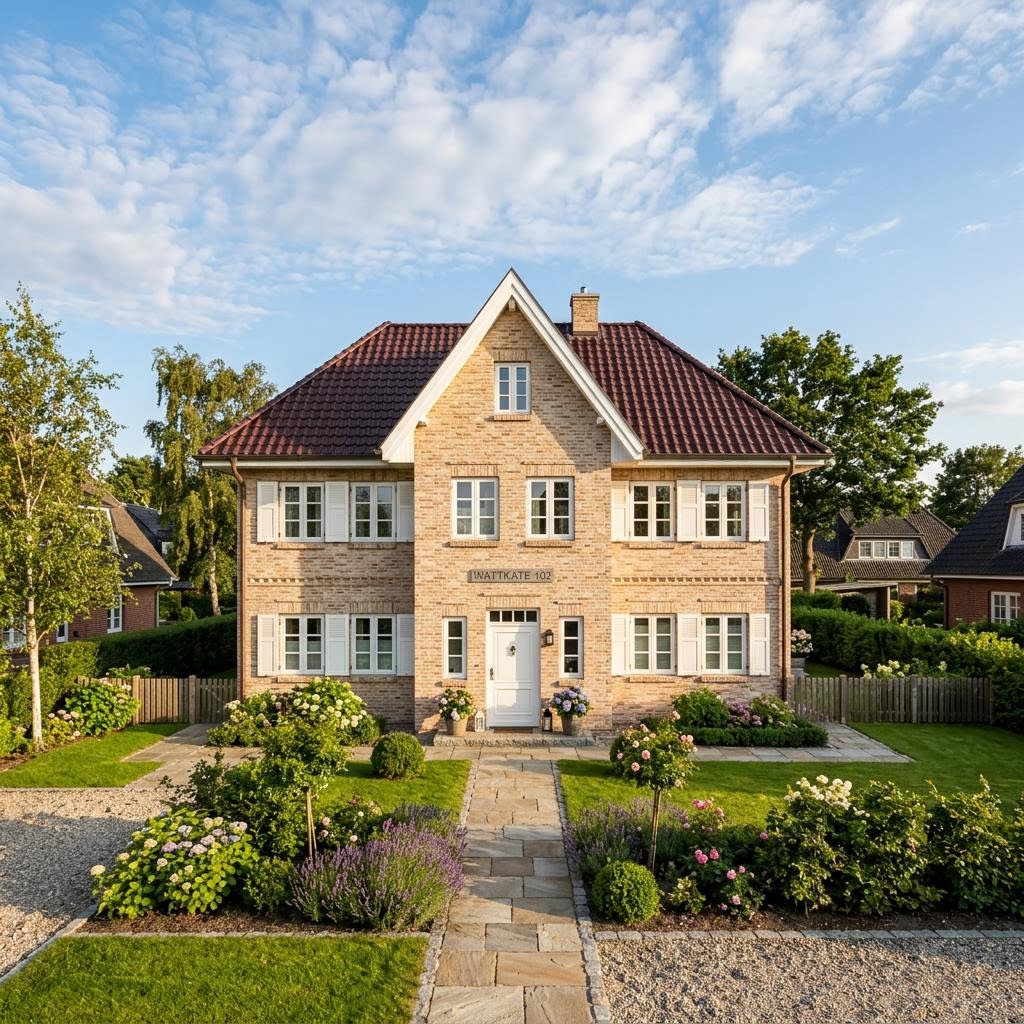 Friesenhaus Wattkate des Herstellers Fjorborg Holzhäuser mit hellem Klinker und Sprossenfenstern