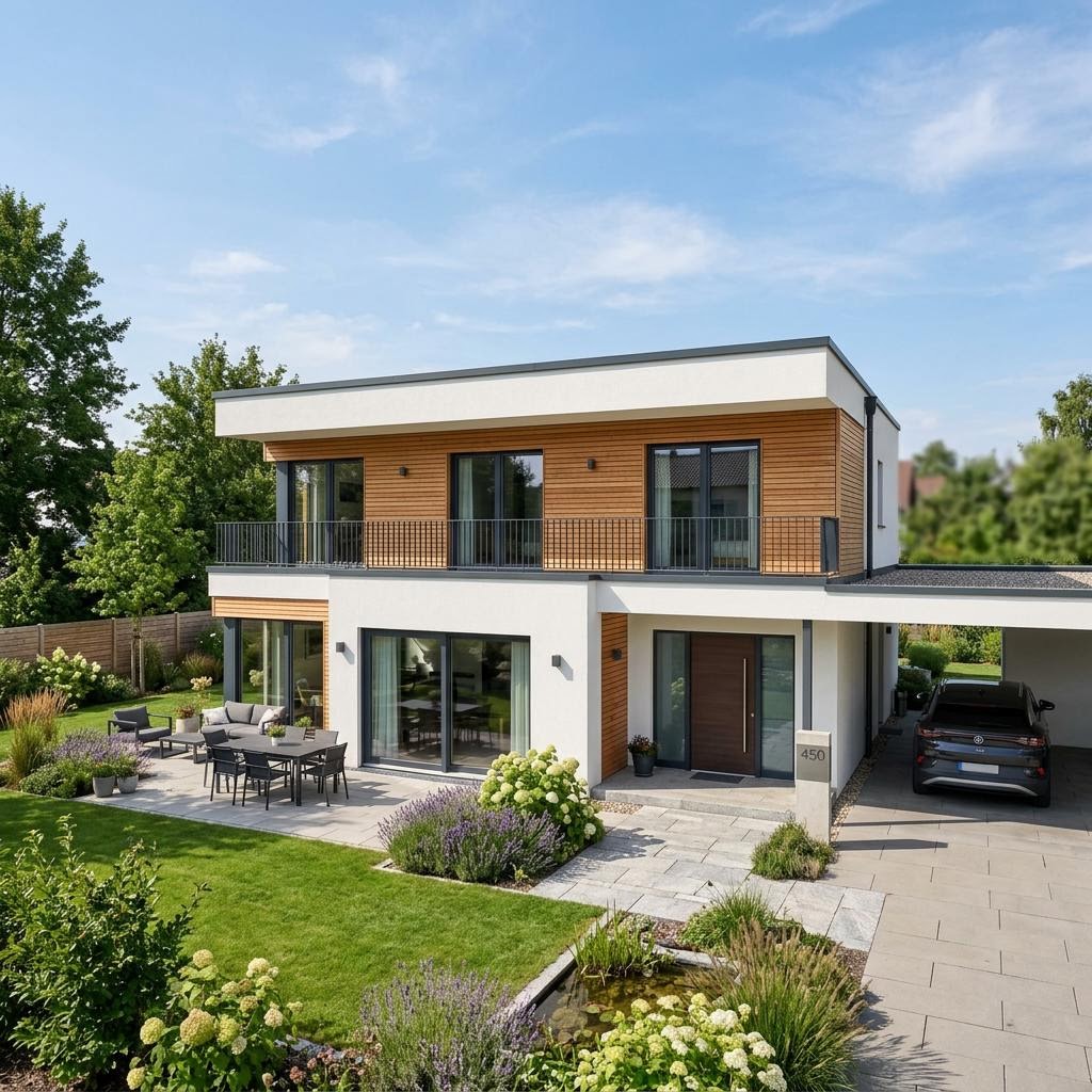 Flachdachhaus CityLife 450 des Herstellers WeberHaus im Bauhaus-Stil — Fertighausmodell mit rund rund 189 m²
