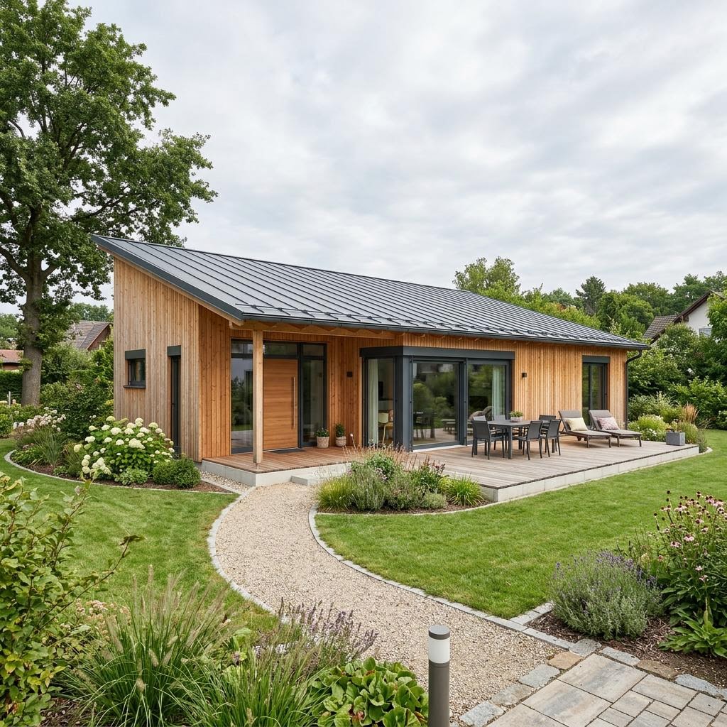 Bungalow Holzklar 128 des Herstellers Frammelsberger Holzhaus mit Pultdach — heller Holz-Bungalow mit 128 m²