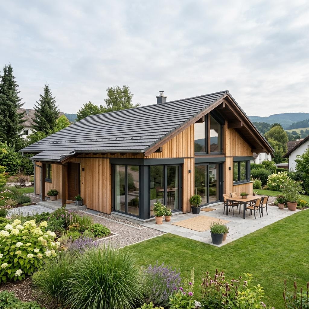 Bungalow Schwarzwald 110 des Herstellers Frammelsberger Holzhaus mit Satteldach — ökologischer Holz-Bungalow mit 110 m²