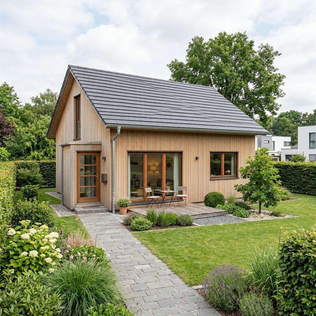 Holz-Singlehaus 78 des Herstellers Frammelsberger Holzhaus mit Satteldach — ökologisches Singlehaus mit 78 m²