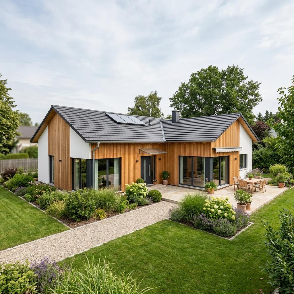 Holz-Winkelbungalow 126 des Herstellers Frammelsberger Holzhaus mit Satteldach — ökologischer Winkelbungalow mit 126 m²