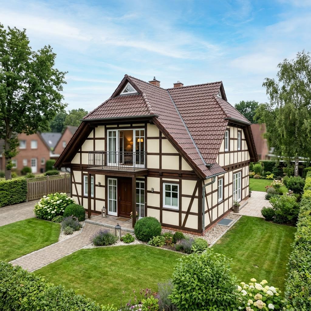 Fachwerkhaus Hallenhaus 172 des Herstellers Fuhrberger Fachwerkhaus — Holzskelettbau mit Krüppelwalmdach und 172 m²