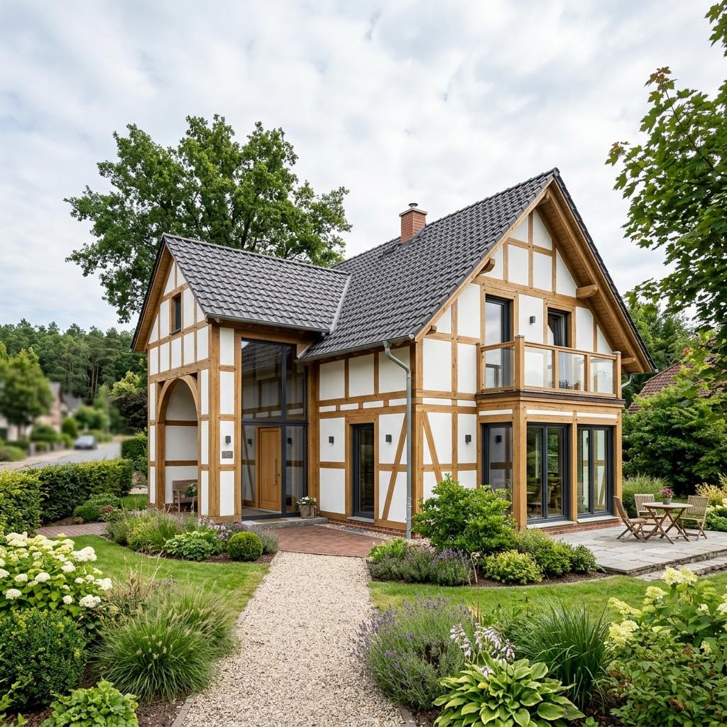 Fachwerkhaus Torhaus 168 des Herstellers Fuhrberger aus Eiche mit markantem Giebel und Satteldach
