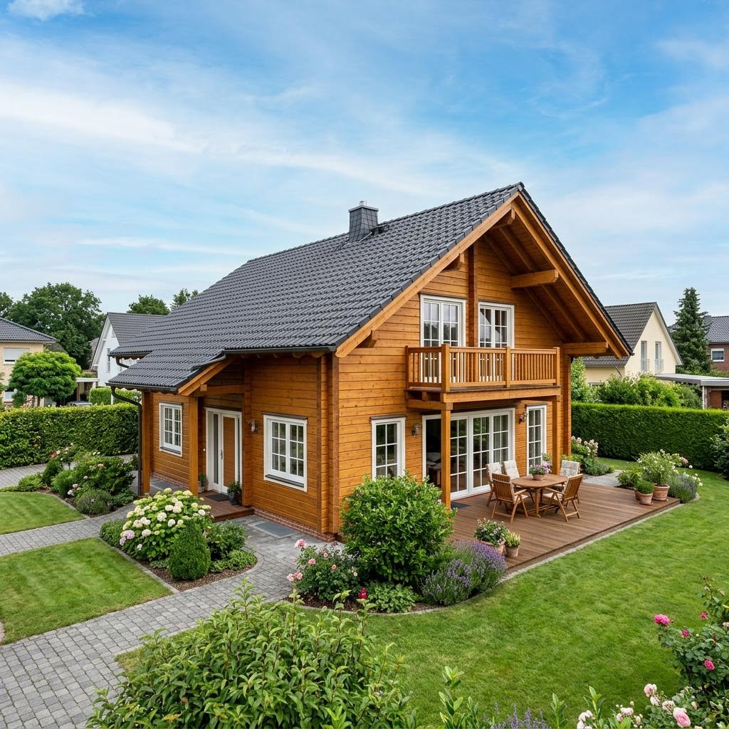 Blockhaus Allgäu 160 des Herstellers Fullwood Wohnblockhaus mit Satteldach und Balkonen — Massivholzhaus mit 160 m²