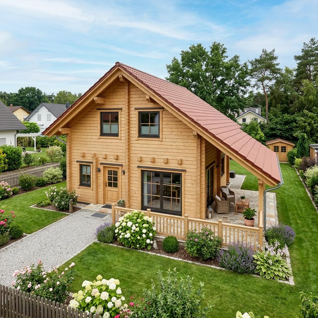 Blockhaus Harz 128 des Herstellers Fullwood Wohnblockhaus mit Schleppdach über der Terrasse — Massivholzhaus mit 128 m²