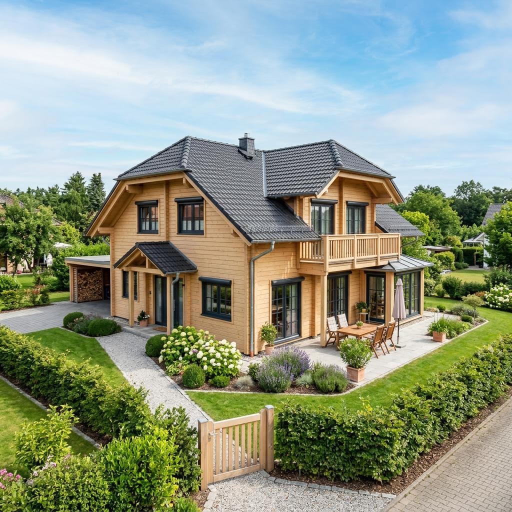 Blockhaus Sauerland 150 des Herstellers Fullwood Wohnblockhaus mit Krüppelwalmdach — Massivholzhaus mit 150 m²