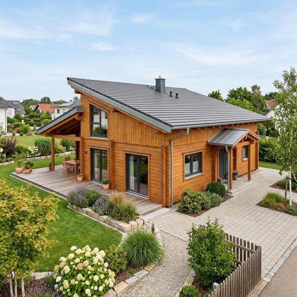 Blockhaus Taunus 105 des Herstellers Fullwood Wohnblockhaus mit Pultdach — ebenerdiges Massivholzhaus mit 105 m²