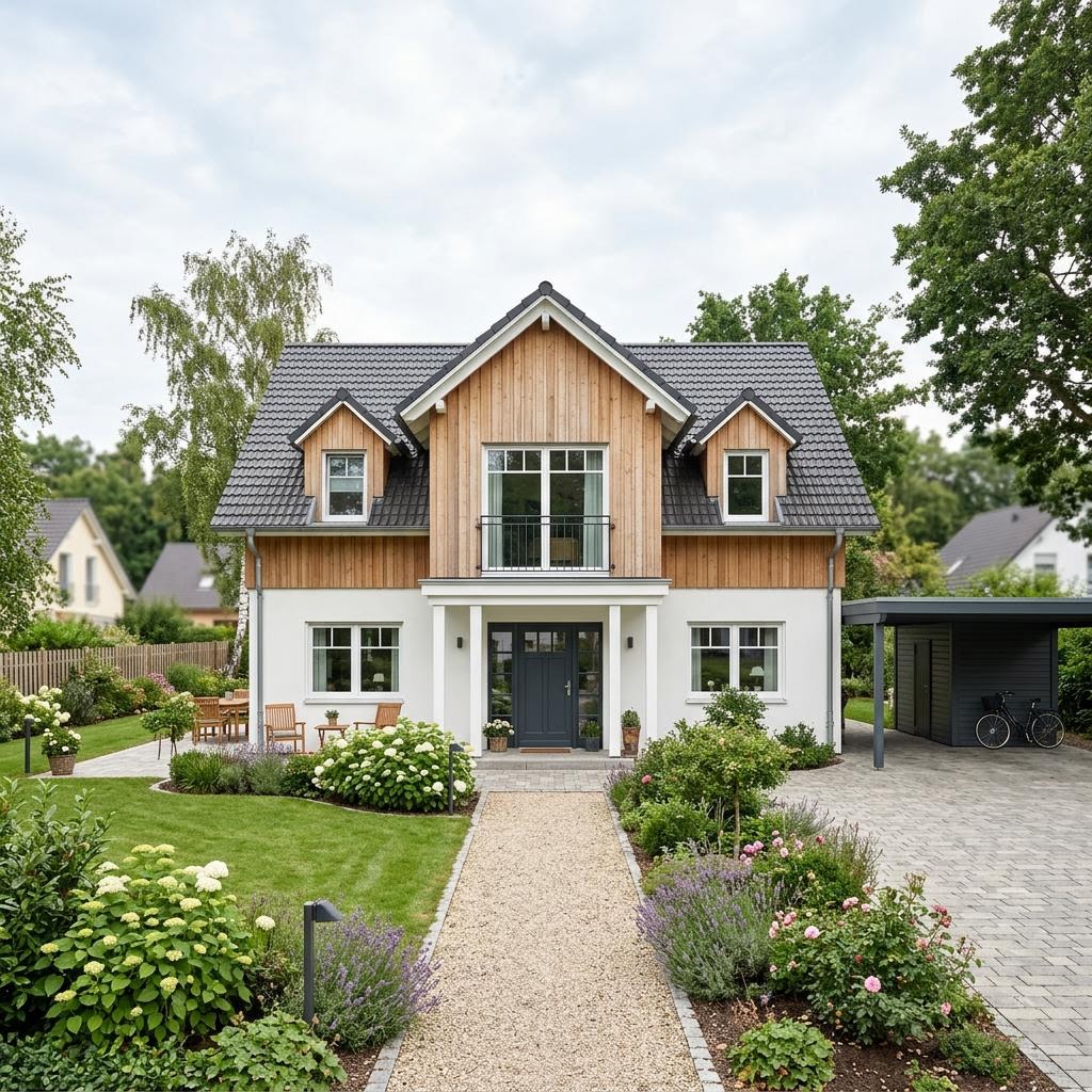 Amerikanisches Holzhaus Augusta 160 des Herstellers Greenville mit Eingangsportal und Satteldach