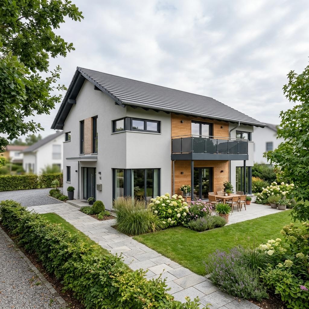 Amerikanisches Holzhaus Brooklyn 168 des Herstellers Greenville mit klarer Fassade und Satteldach